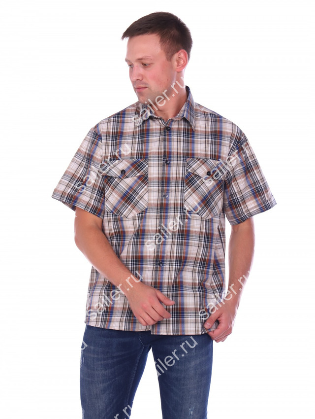 Рубашка мужская (шотландка), кор. рукав, рост 182-188 см